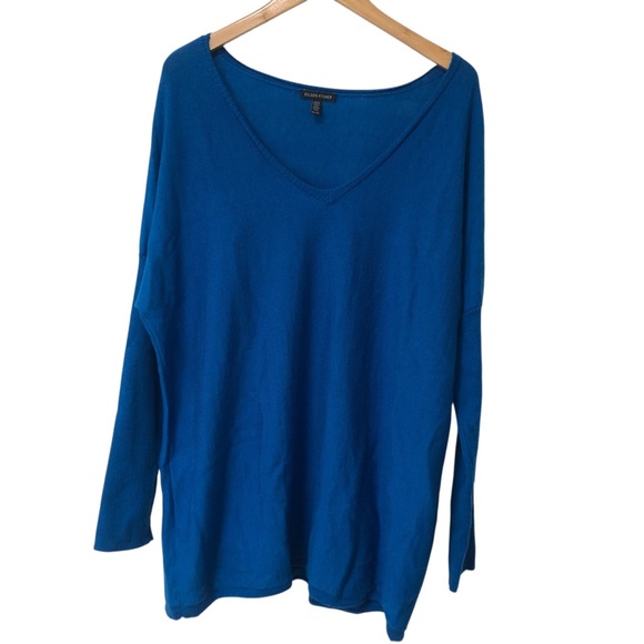 Eileen Fisher Sweaters - Eileen Fisher V Neck Sweater XL 100% Merino Wool Teal Blue Tunic Ribbed Sleeve